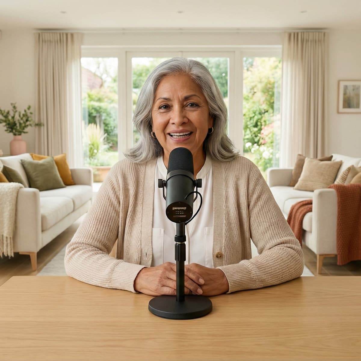 Woman doing Telloom interview with microphone